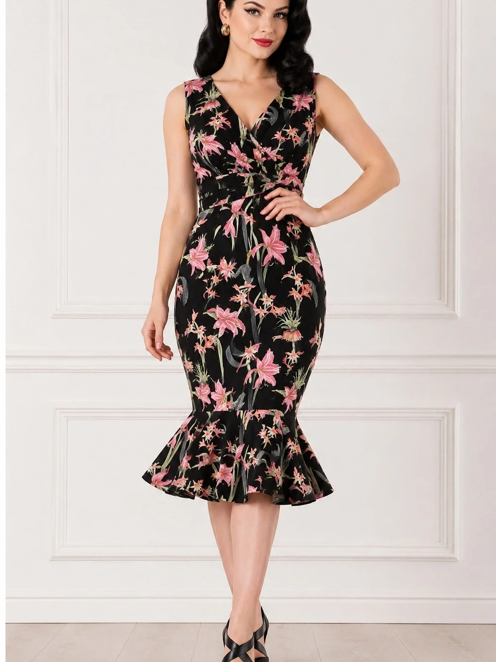 Unique Vintage | Dresses | Unique Vintage Black Pink Floral Wiggle Dress Xs  Retro Pinup Flounce Mermaid Hem | Poshmark